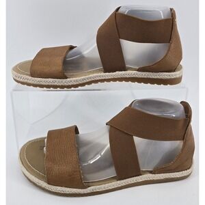 SOREL 'Ella' Brown Leather Jute Flat Sandals Sz 9 Elastic Gore Ankle Wrap Boho